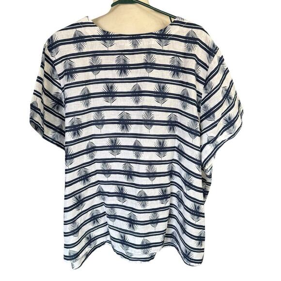 LANDS’ END Leaf Stripe Print LINEN White Navy Top 3X Oversized Relaxed Comfy - Picture 4 of 11
